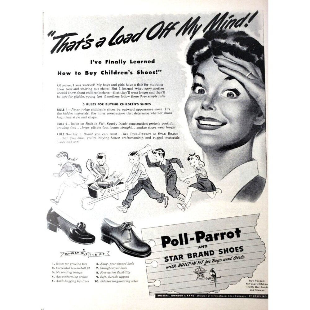 PRINT AD 1943 Poll Parrot Star Brand Kid Shoes Built In Fit Load Off My Mind